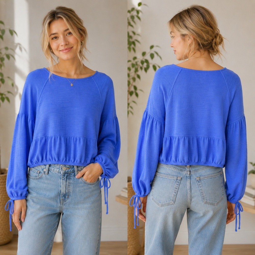 Aerie Women Blue Textured Peplum Cropped Sweater Raglan Tie Cuff Small NWT